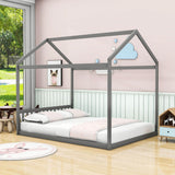 Wooden Queen Size Floor House Bed with Headboard for Toddler, Kids