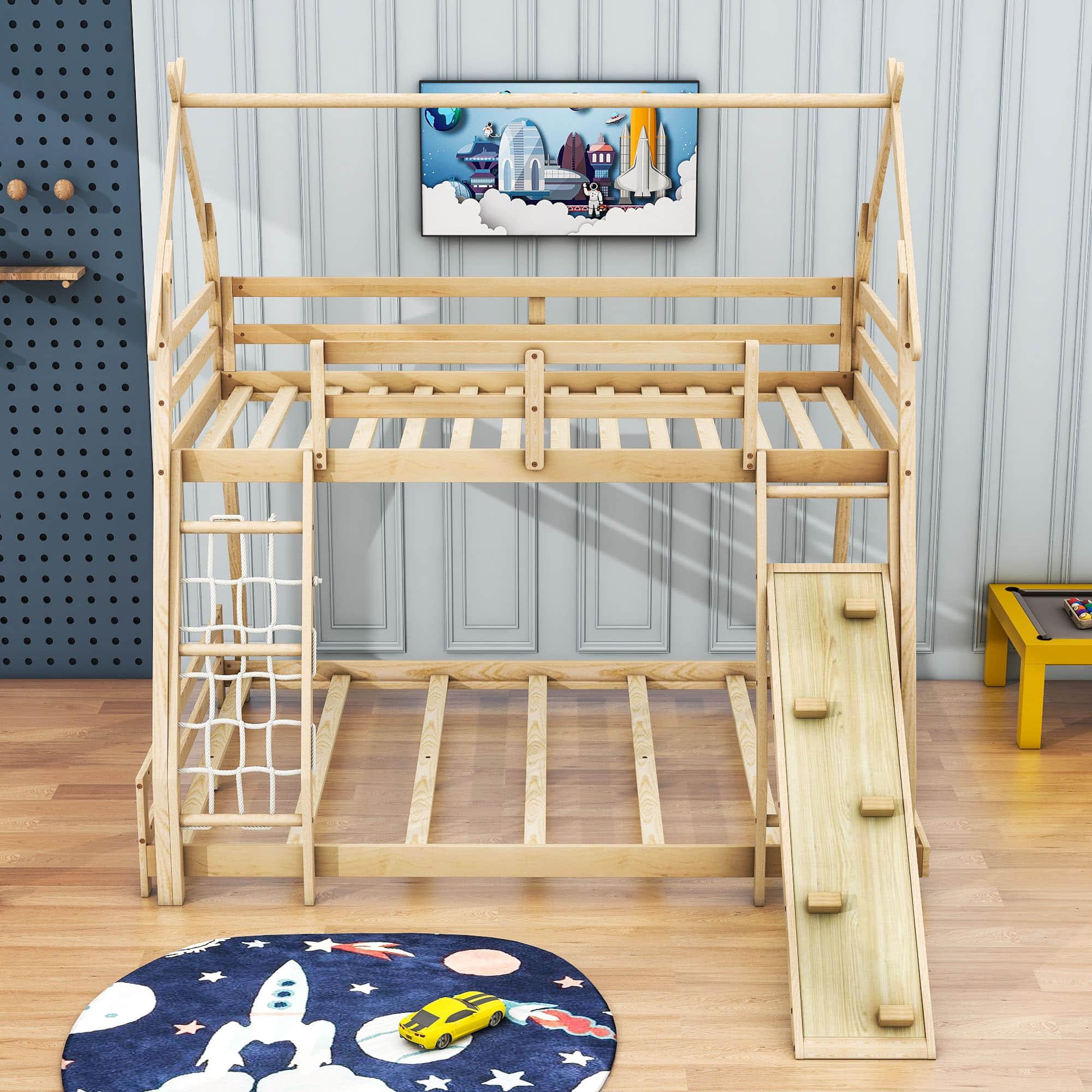 Low Twin Over Queen House Bunk Beds with Climbing Ramp & Nets - [Wooden]