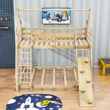 Low Twin Over Queen House Bunk Beds with Climbing Ramp & Nets - [Wooden]