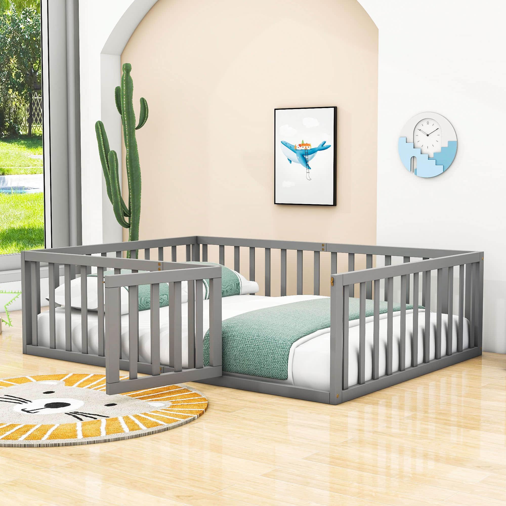 Wooden Full Size Floor Toddler Bed with Rails