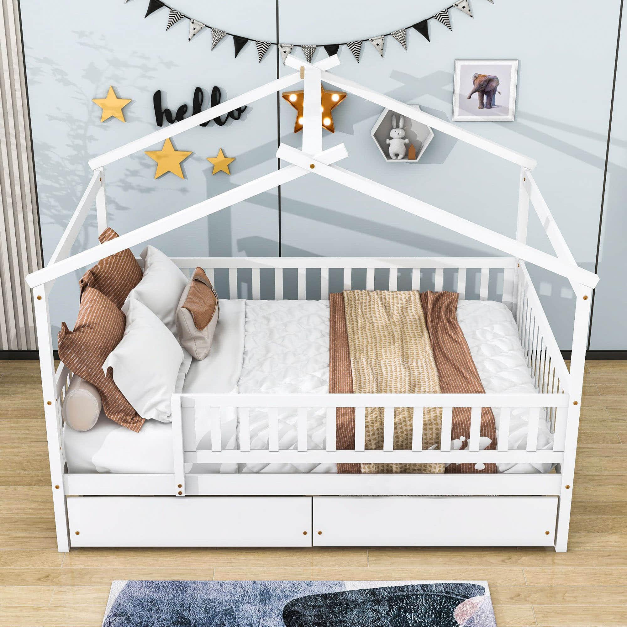 Full Size Wood House Toddler Bed Frame with Rails and Storage