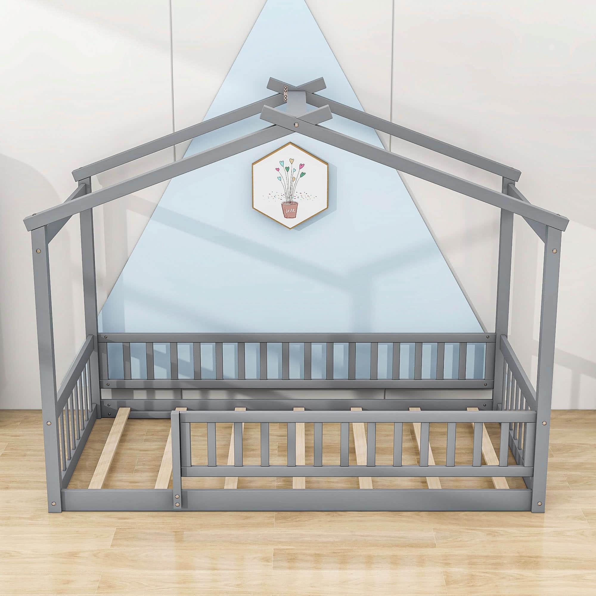 Twin Wood House Kids Toddler Floor Bed with Rails