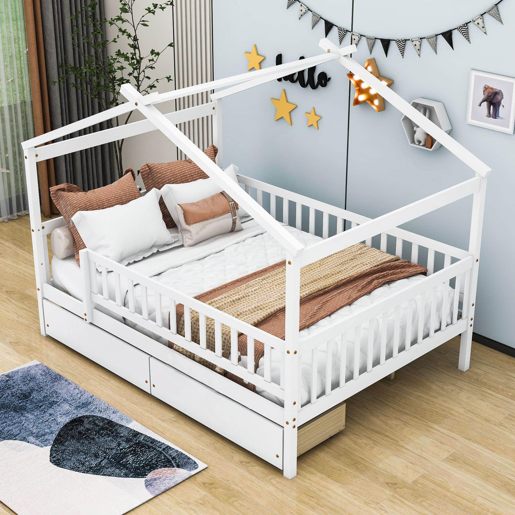 Full Size Wood House Toddler Bed Frame with Rails and Storage