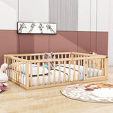 Wooden Queen Size Floor Toddler Bed with Rails and Door