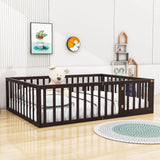 Wooden Queen Size Floor Toddler Bed with Rails and Door