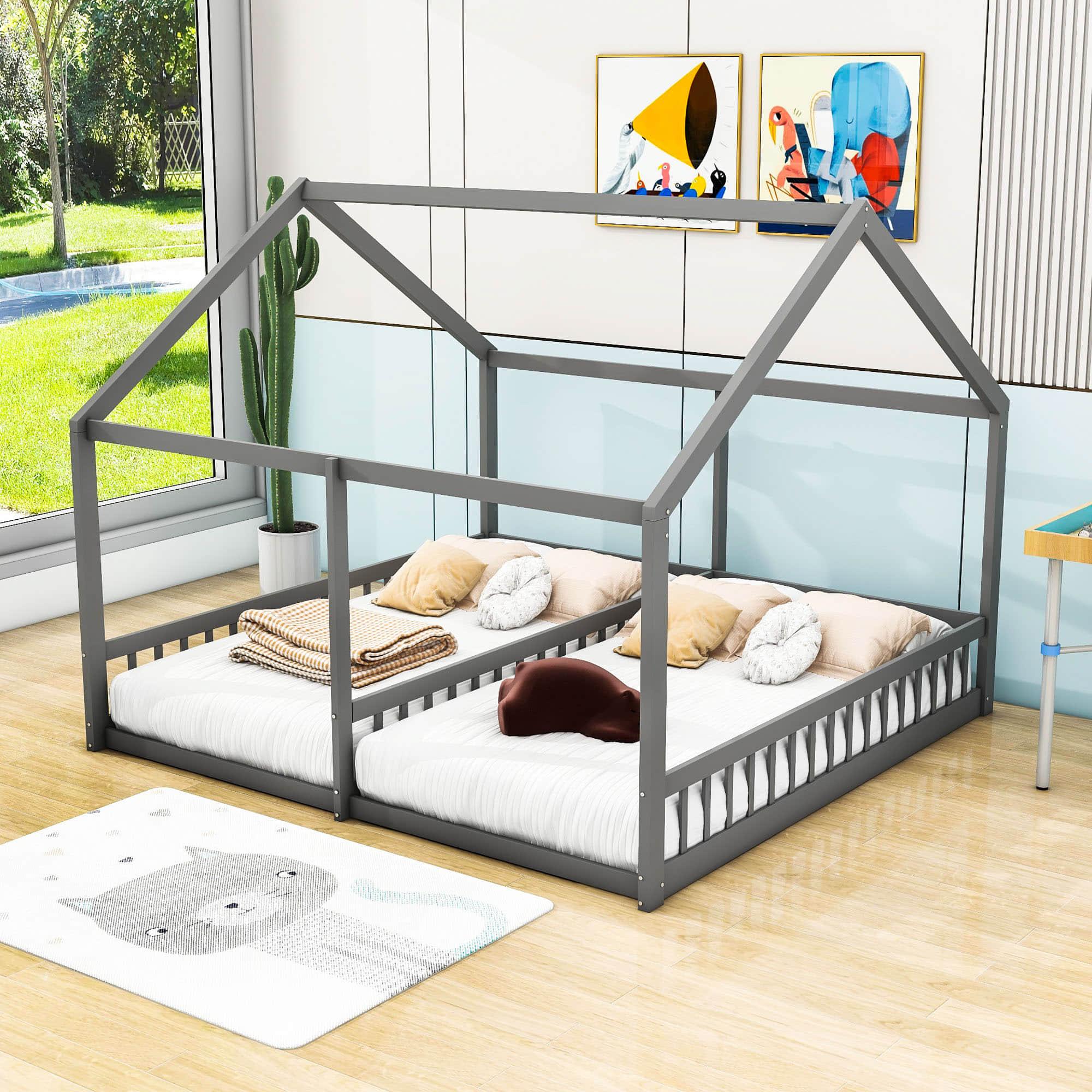 Montessori Double Twin House Floor Bed with Rails for Kids, Toddler