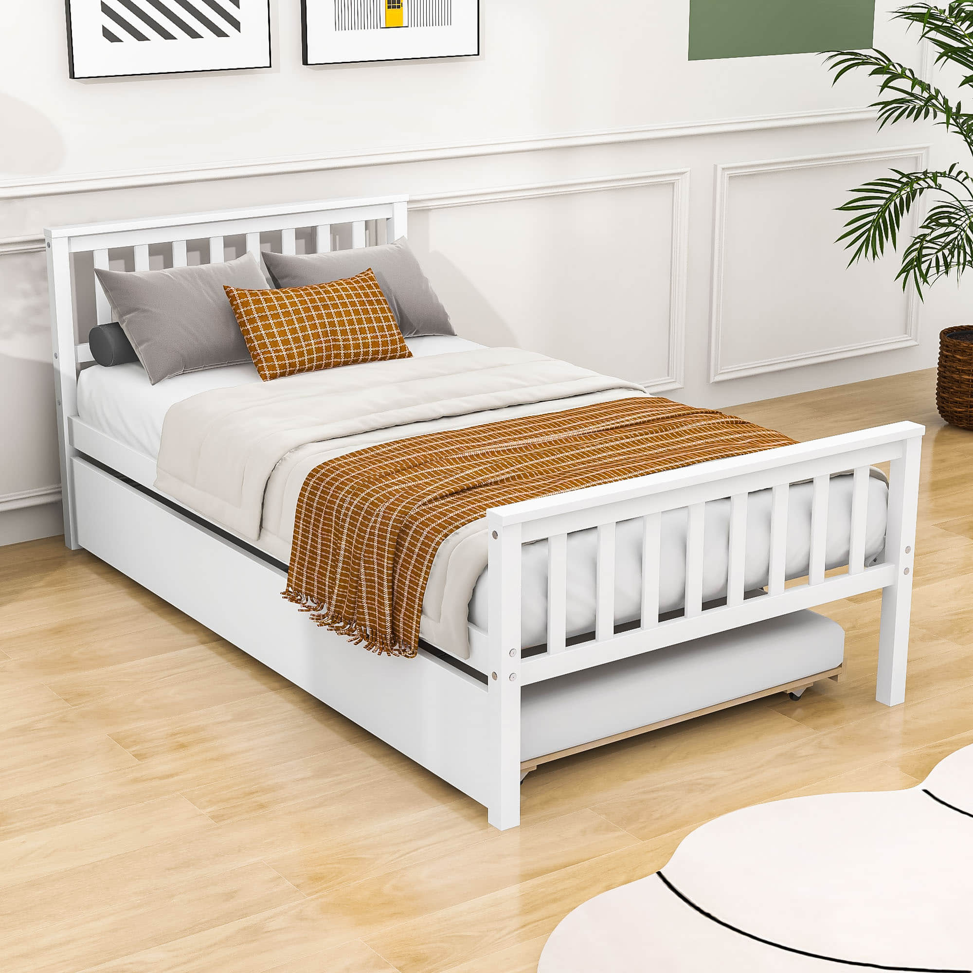 Twin Platform Bed Frame with Twin Trundle and Headboard - [Wooden, Footboard]