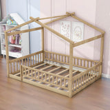 Full Size Wood House Kids Toddler Floor Bed with Rails