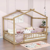 Full Size Wood House Kids Toddler Floor Bed with Rails