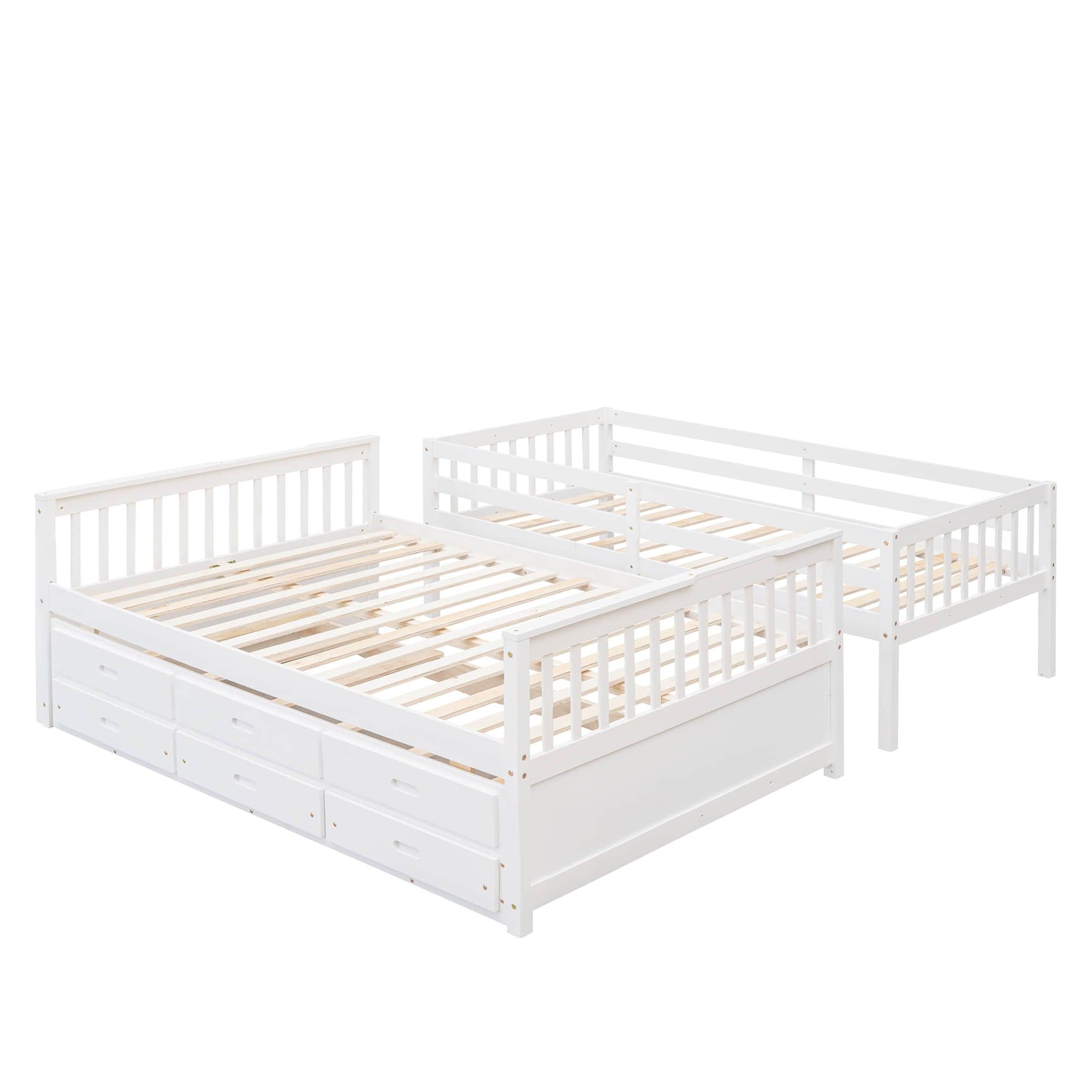 Wooden Twin Over Full Convertible Bunk Beds with Trundle and Storage