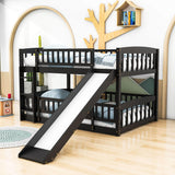 Full Over Full Low Bunk Beds with Slide and Fence - [Interchangeable Ladder, Floor]