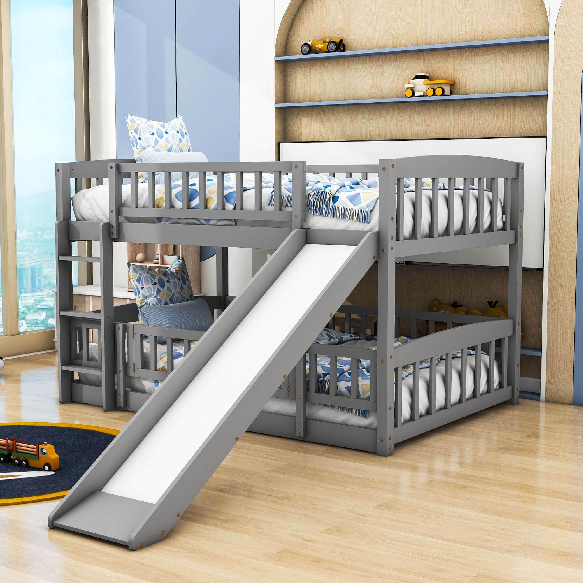 Full Over Full Low Bunk Beds with Slide and Fence - [Interchangeable Ladder, Floor]