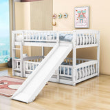 Full Over Full Low Bunk Beds with Slide and Fence - [Interchangeable Ladder, Floor]