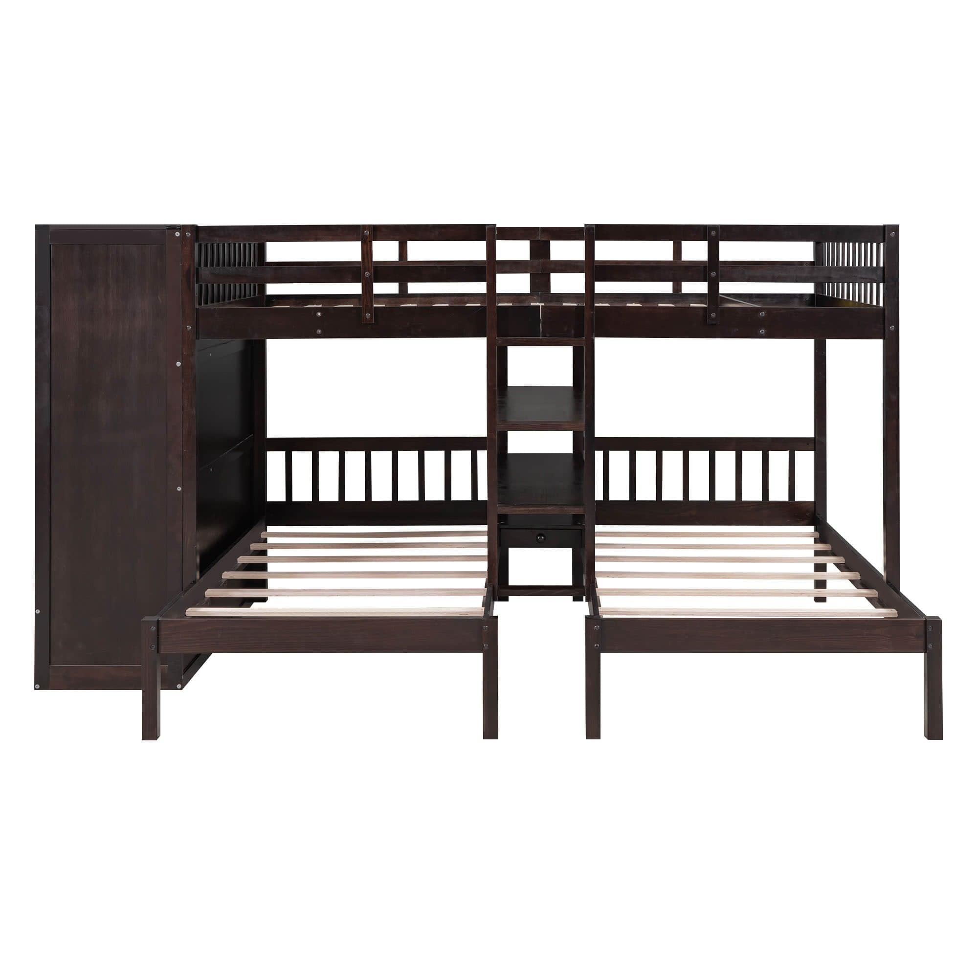 Low Full Over Twin&Twin Triple Bunk Bed with Storage for Kids - [Wardrobe]