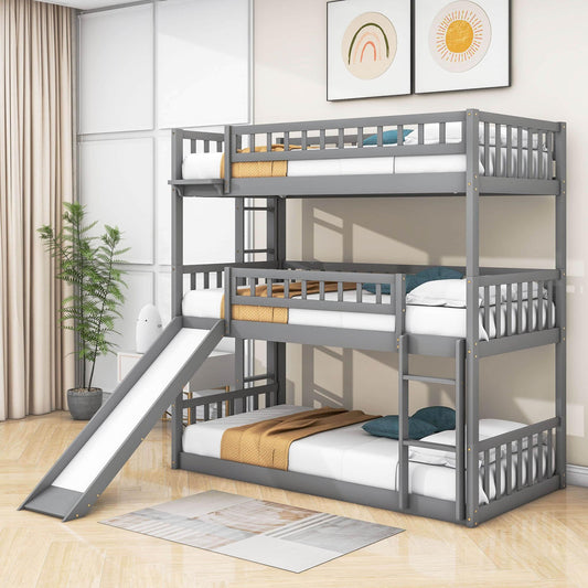 3 Level Low Twin Triple Bunk Beds with Slide for Kids, Toddler - [Wood, Convertible]