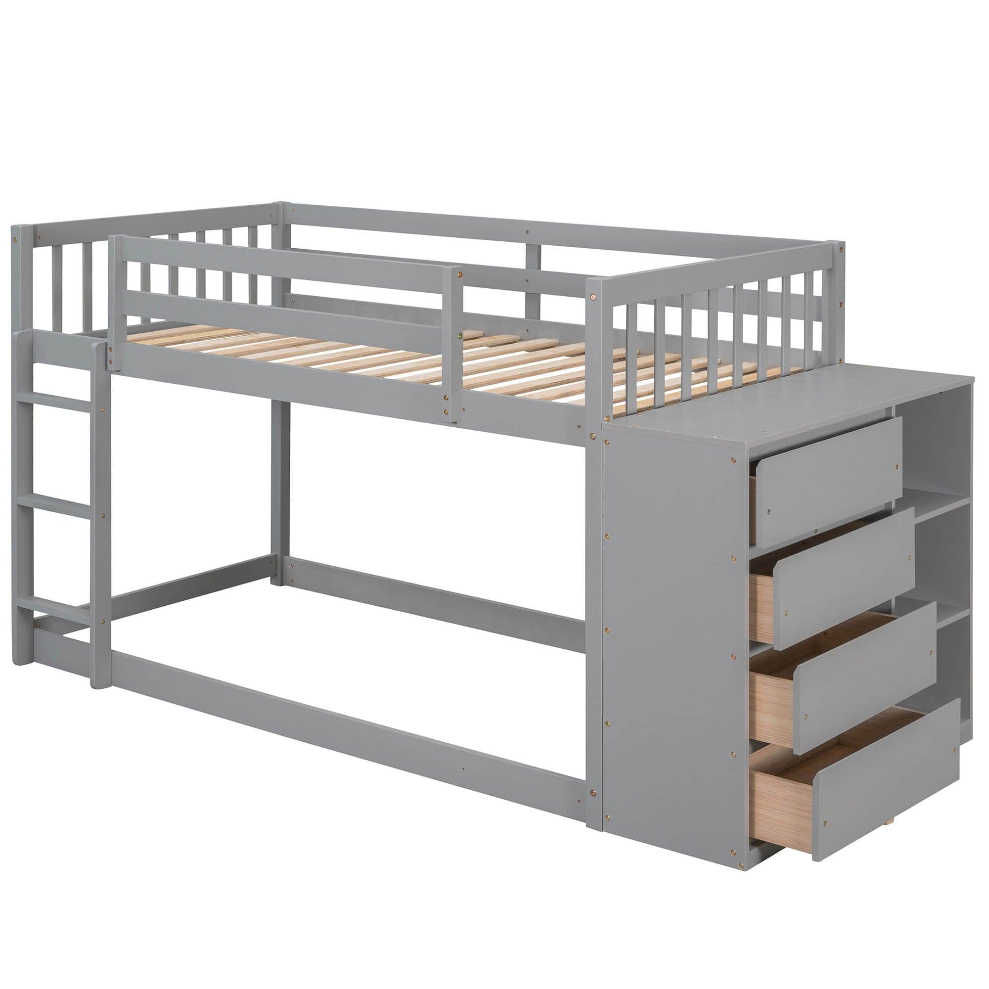 Low Twin Over Twin Bunk Beds with Detachable Storage Dresser - [Drawers, Shelves]