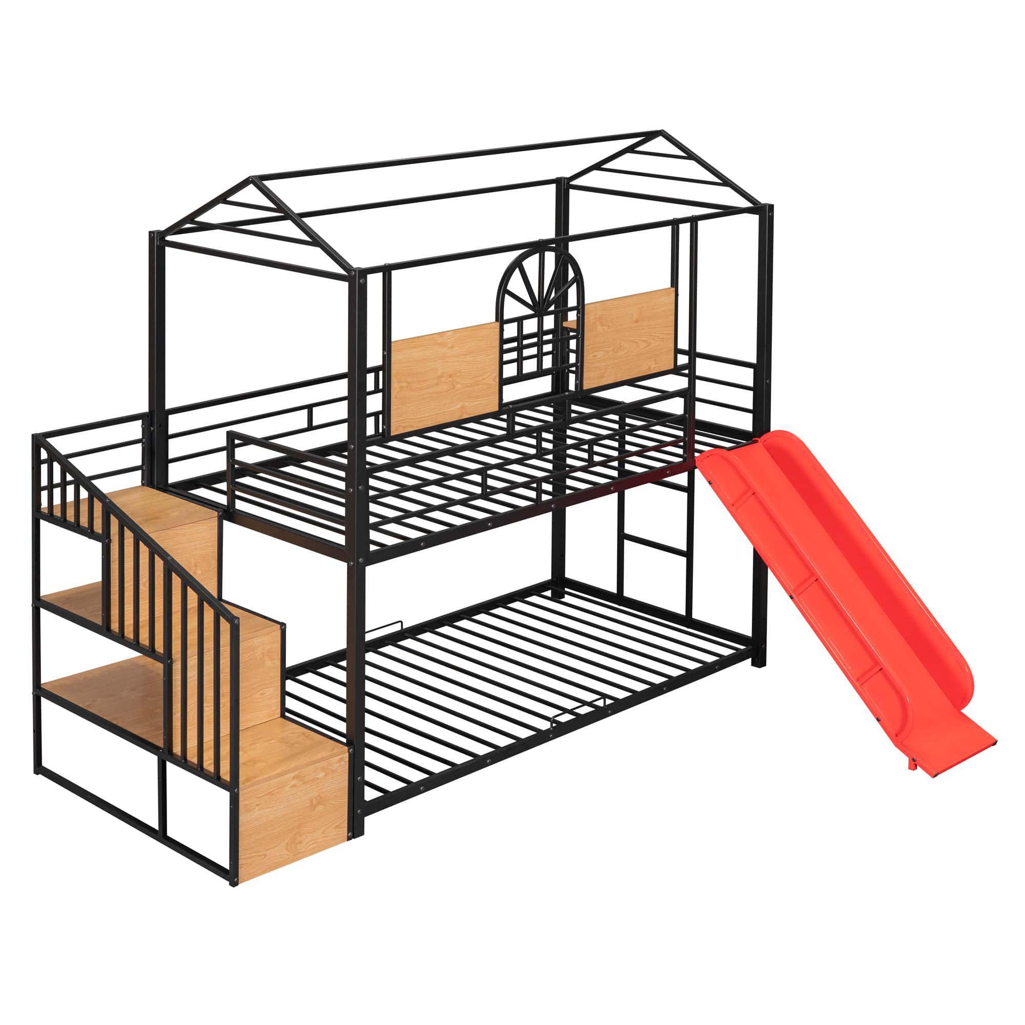 Kids Low Twin Over Twin House Metal Bunk Beds with Stairs and Slide