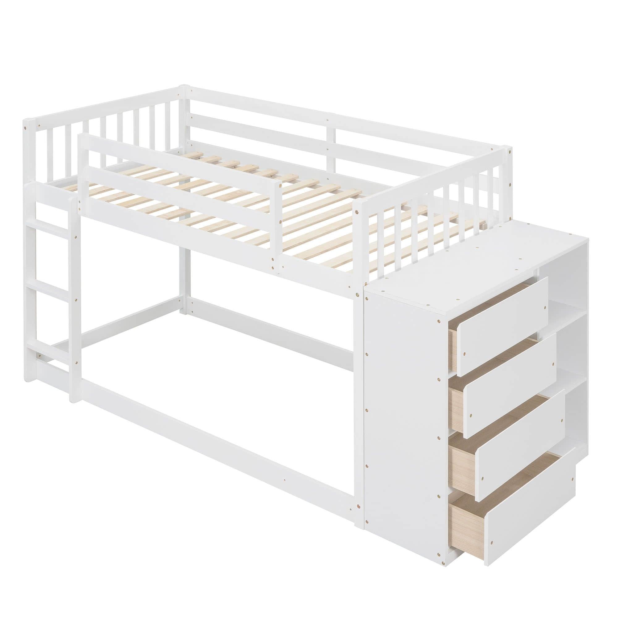 Low Twin Over Twin Bunk Beds with Detachable Storage Dresser - [Drawers, Shelves]