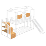 Kids Low Twin Over Twin House Metal Bunk Beds with Stairs and Slide