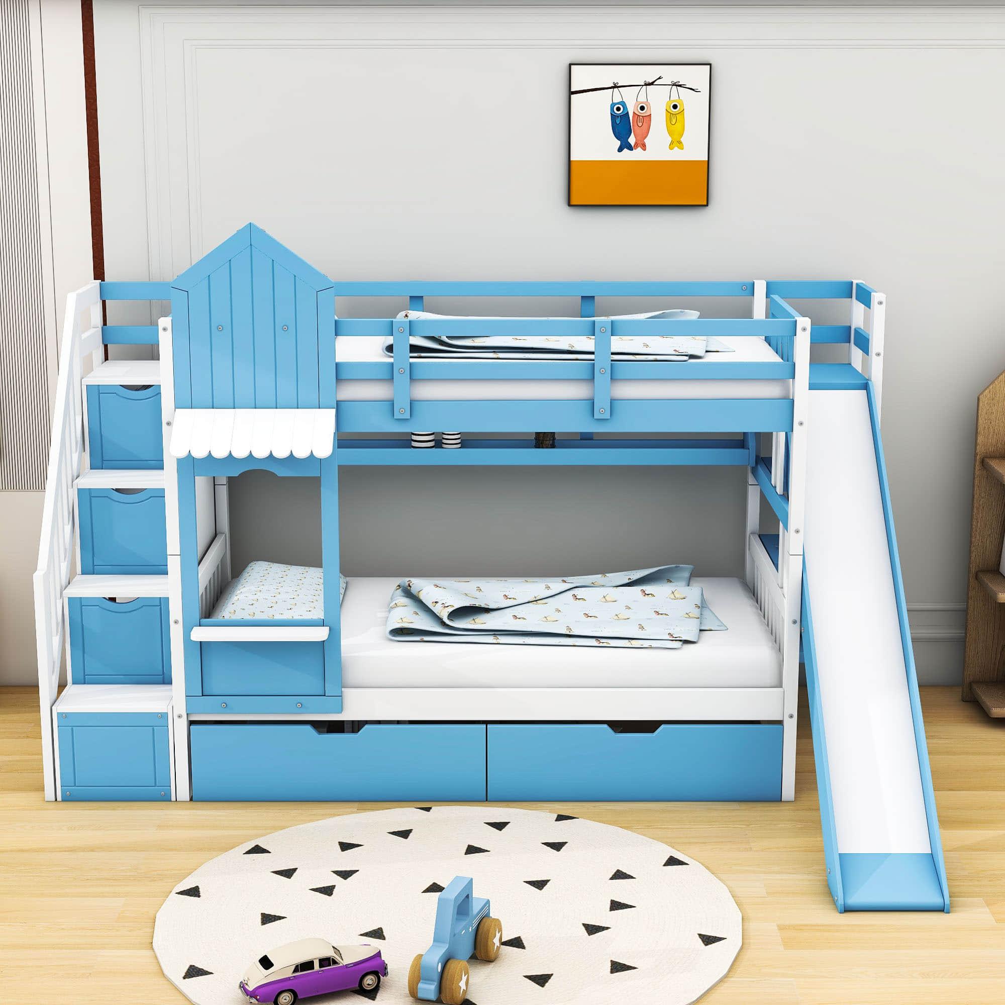 Girls Twin Over Twin Castle Bunk Bed with Slide and Stairs, Storage