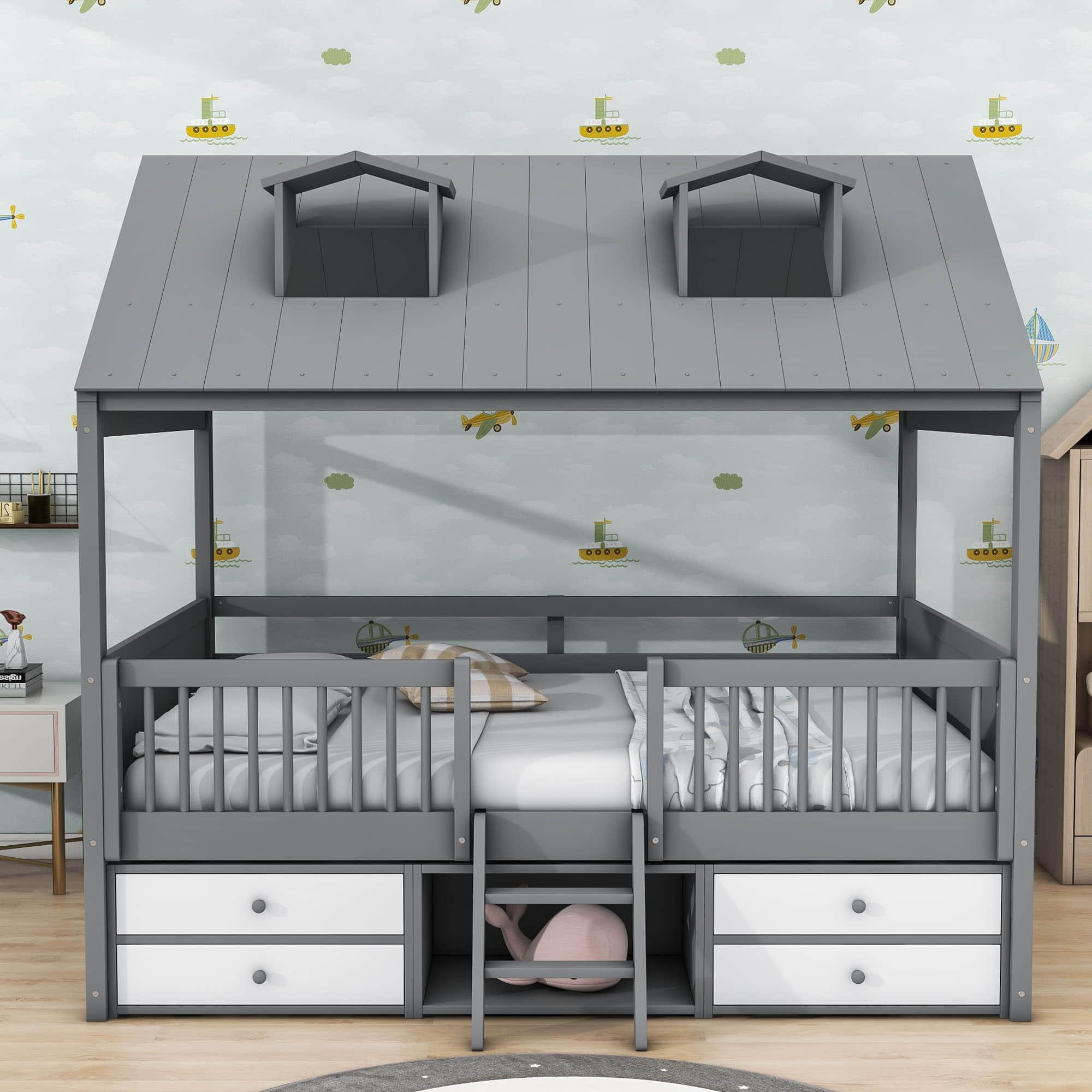 Low Full Size Loft House Bed with Storage for Kids, Toddler - [Wooden]