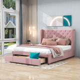 Queen Upholstered Bed Frame with Wingback Headboard and Storage