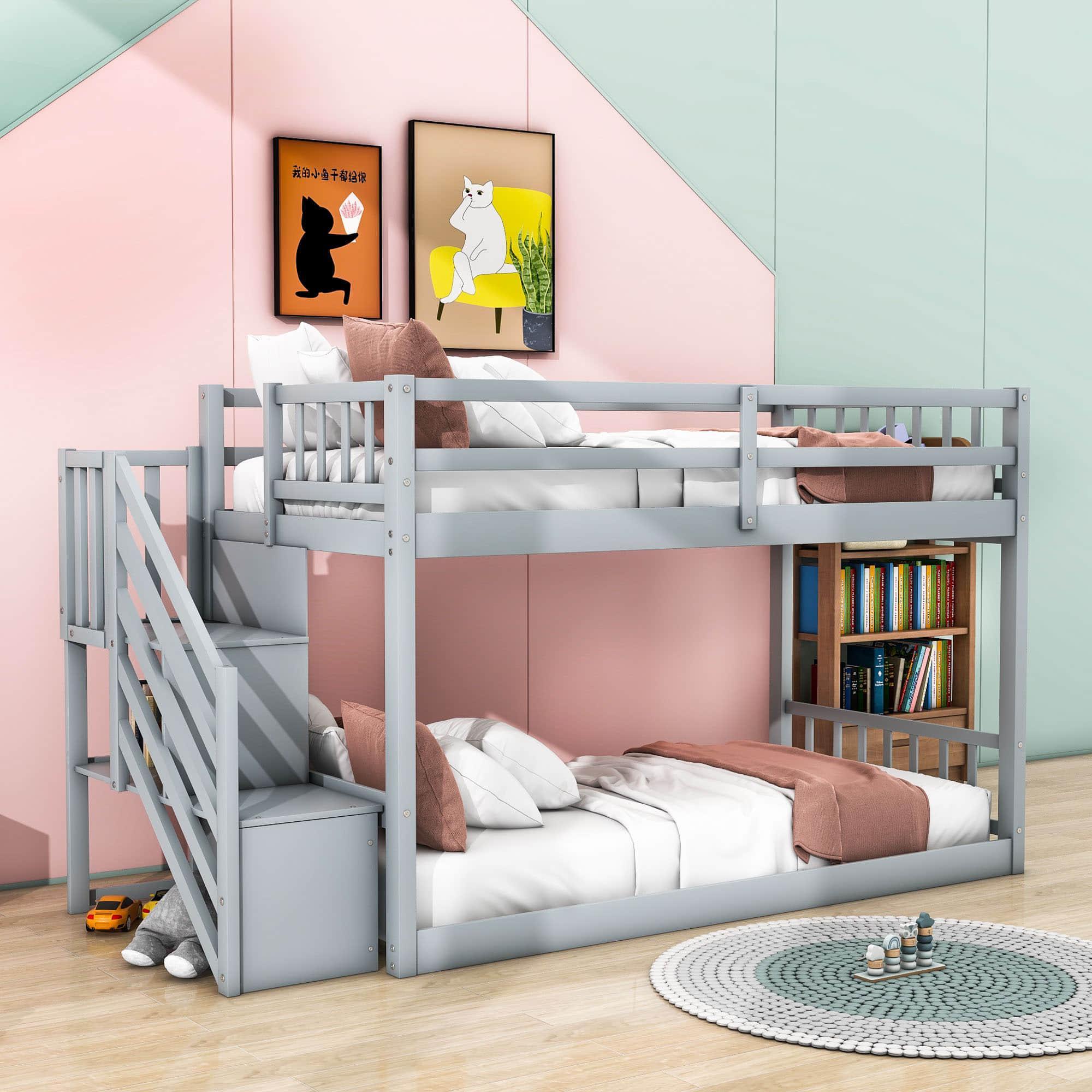 Low Twin Over Twin Toddler Bunk Beds with Stairs - [Floor]