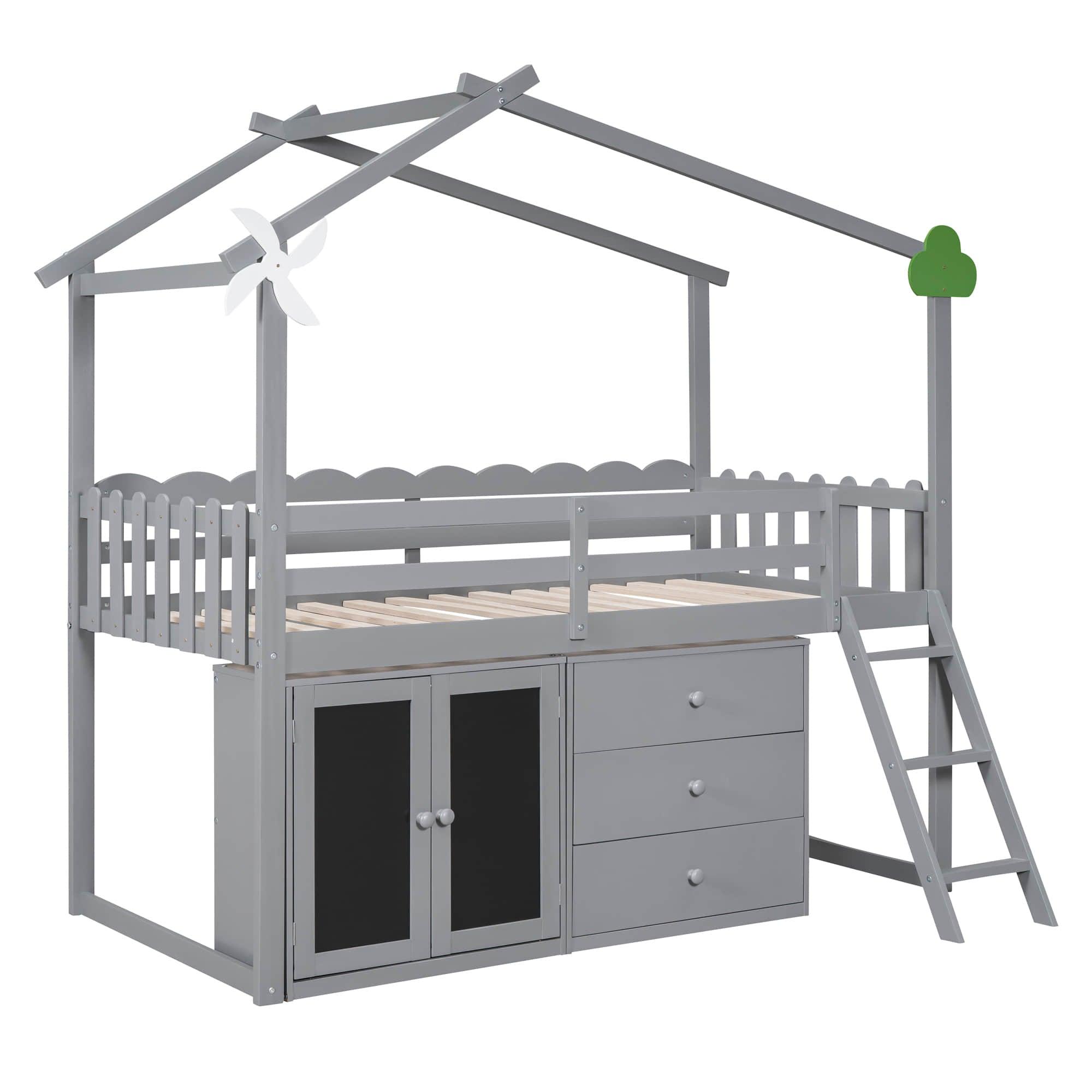 Twin Size Low House Loft Bed with Storage for Kids - [Cabinet, Drawers]