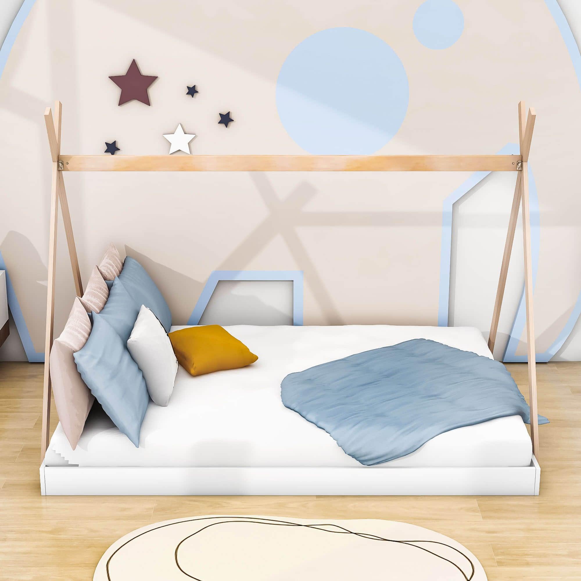 Kids Full Size Tepee Floor Bed for Toddler - [Montessori, Wooden]