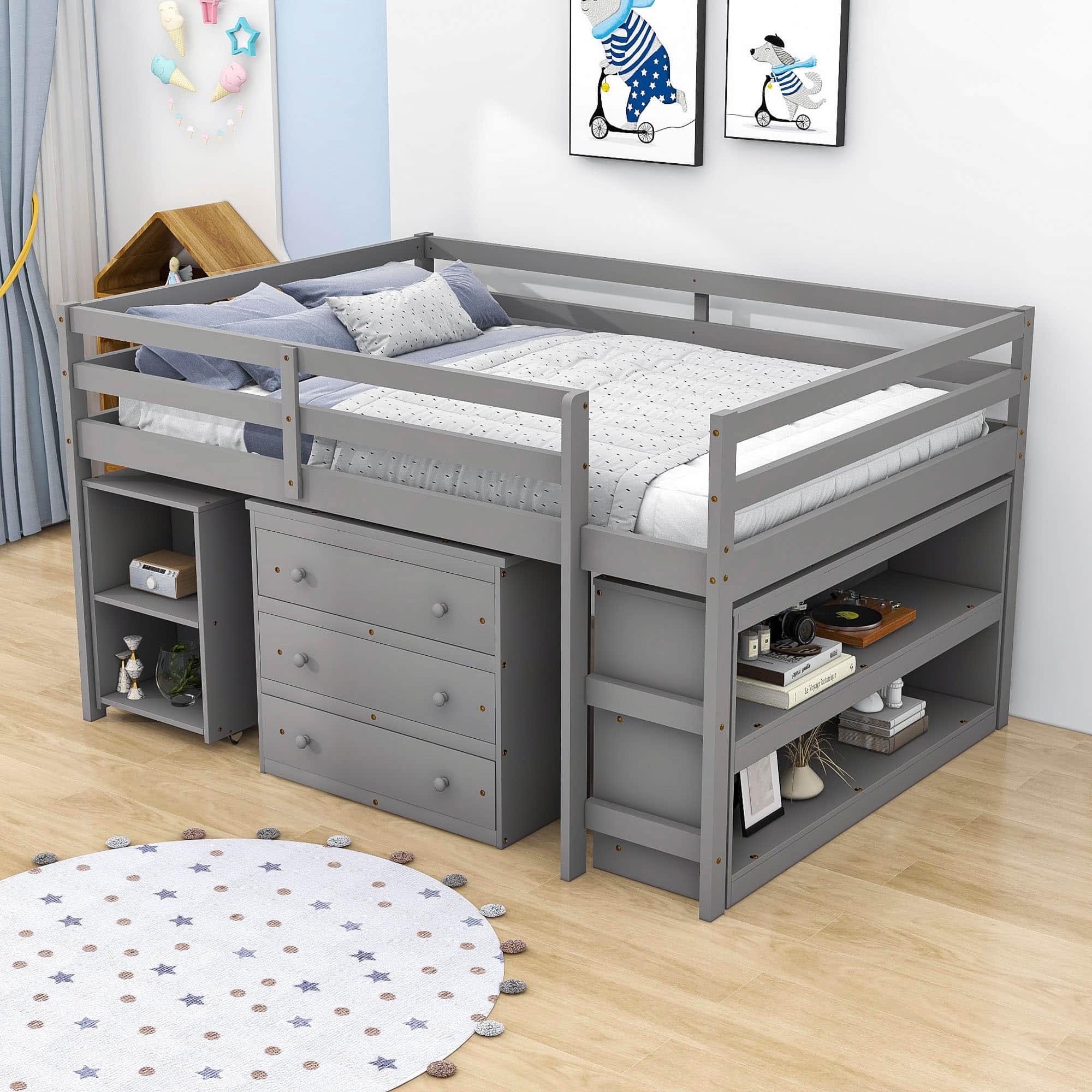 Montessori Full Low Loft Bed with Desk and Storage for Kids - [Shelves, Dresser, Drawers, Ladder, Wood]