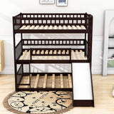 Low Triple Full Size Bunk Beds with Slide for Kids Toddler - [Wooden, Floor]