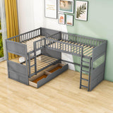 Twin Over Twin Corner Loft Triple Bunk Beds with Storage - [Wood, Drawers, L-Shaped]