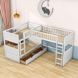 Twin Over Twin Corner Loft Triple Bunk Beds with Storage - [Wood, Drawers, L-Shaped]