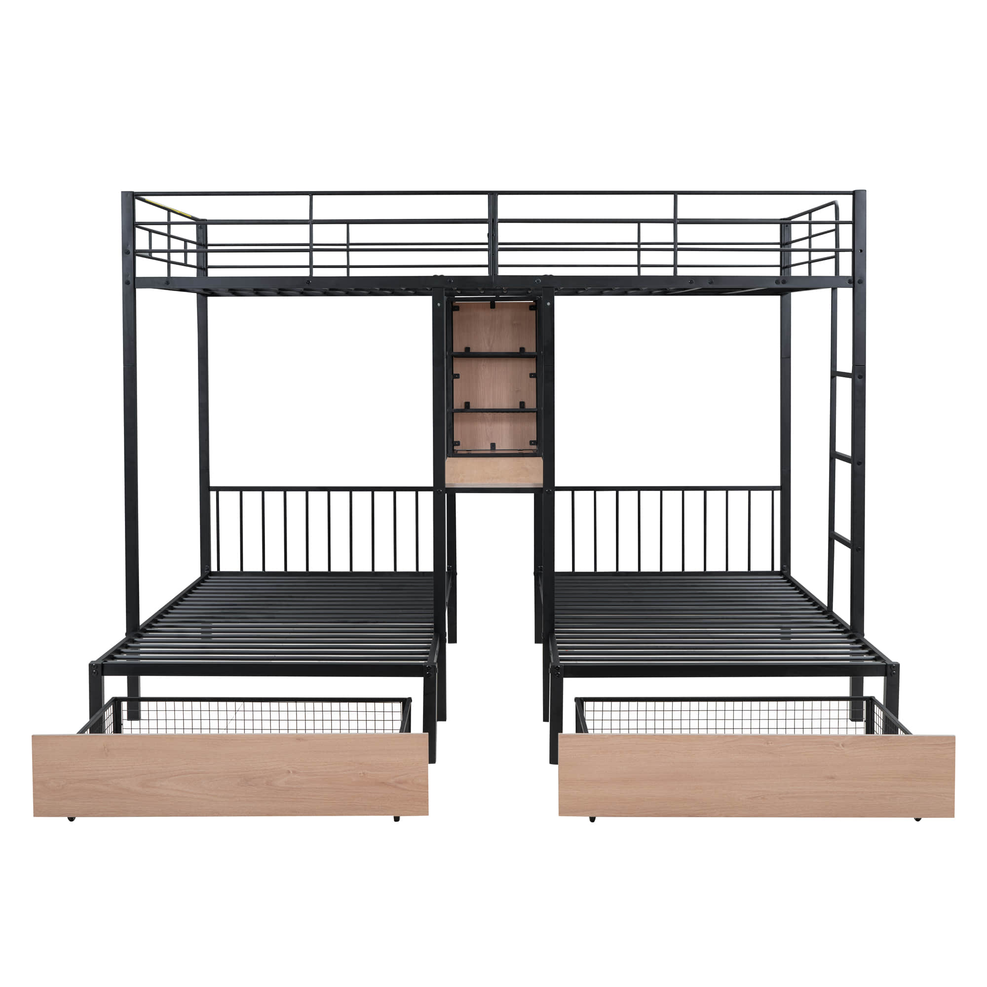 L-Shaped Full Over Twin & Twin Metal Triple Bunk Bed with Desk and Storage