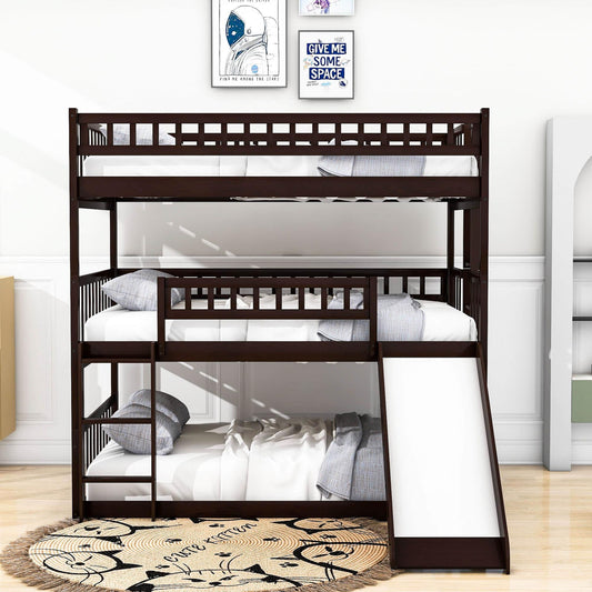 Low Triple Full Size Bunk Beds with Slide for Kids Toddler - [Wooden, Floor]