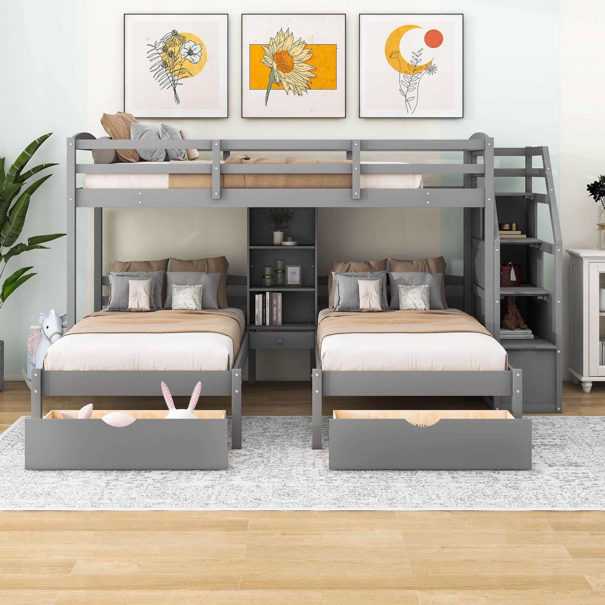 Twin Over Twin & Twin Triple Bunk Beds with Stairs and Storage - [Drawers, Shelves]