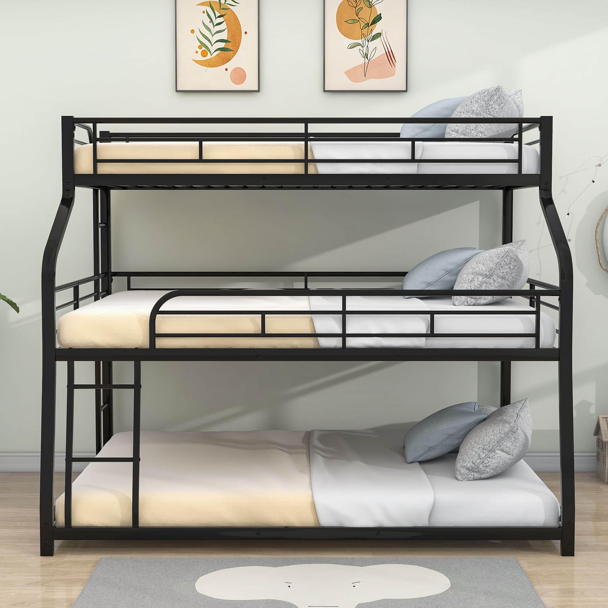 Modern Low Twin XL Over Full XL Over Queen Triple Bunk Beds for Kids - [Metal, Floor]