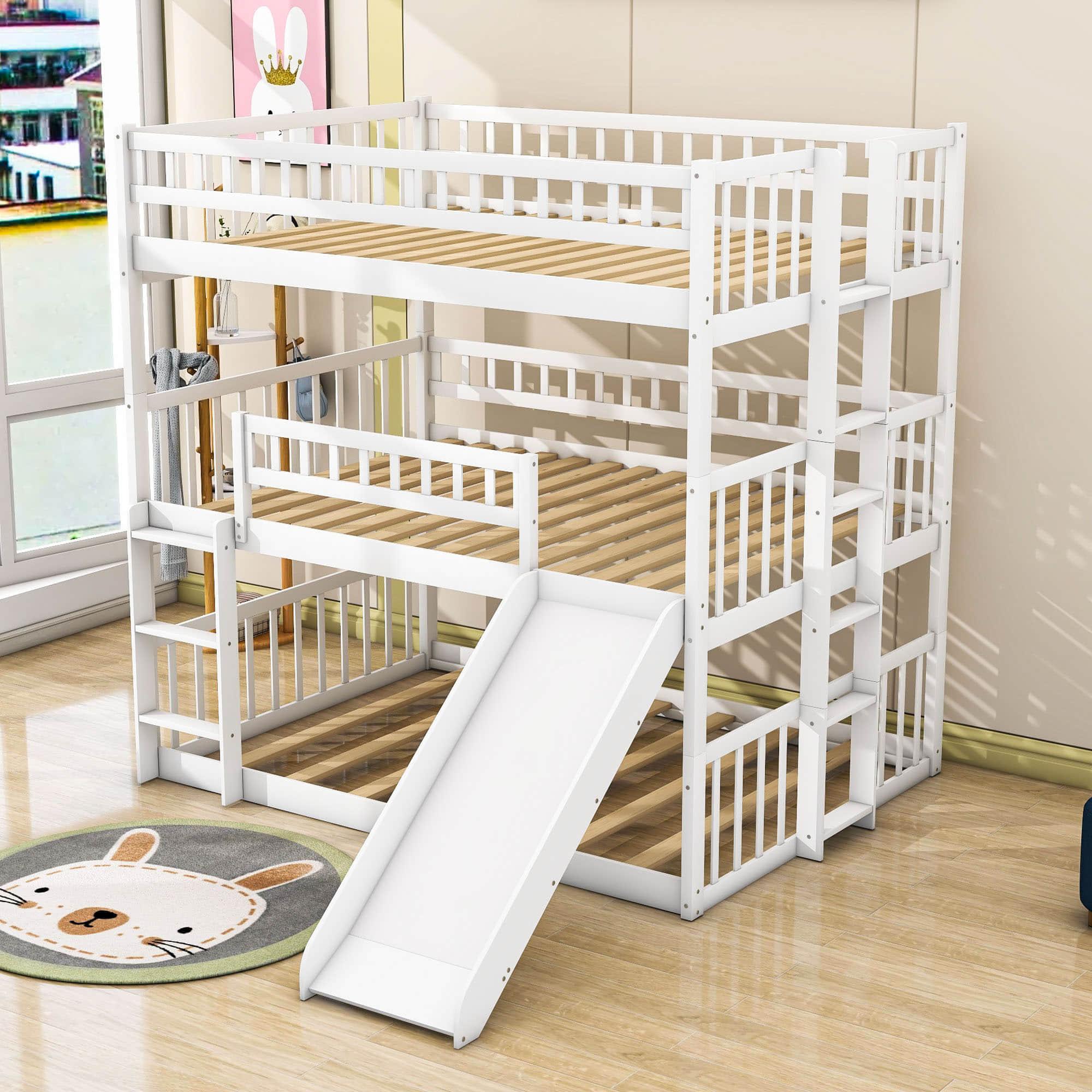 Low Triple Full Size Bunk Beds with Slide for Kids Toddler - [Wooden, Floor]