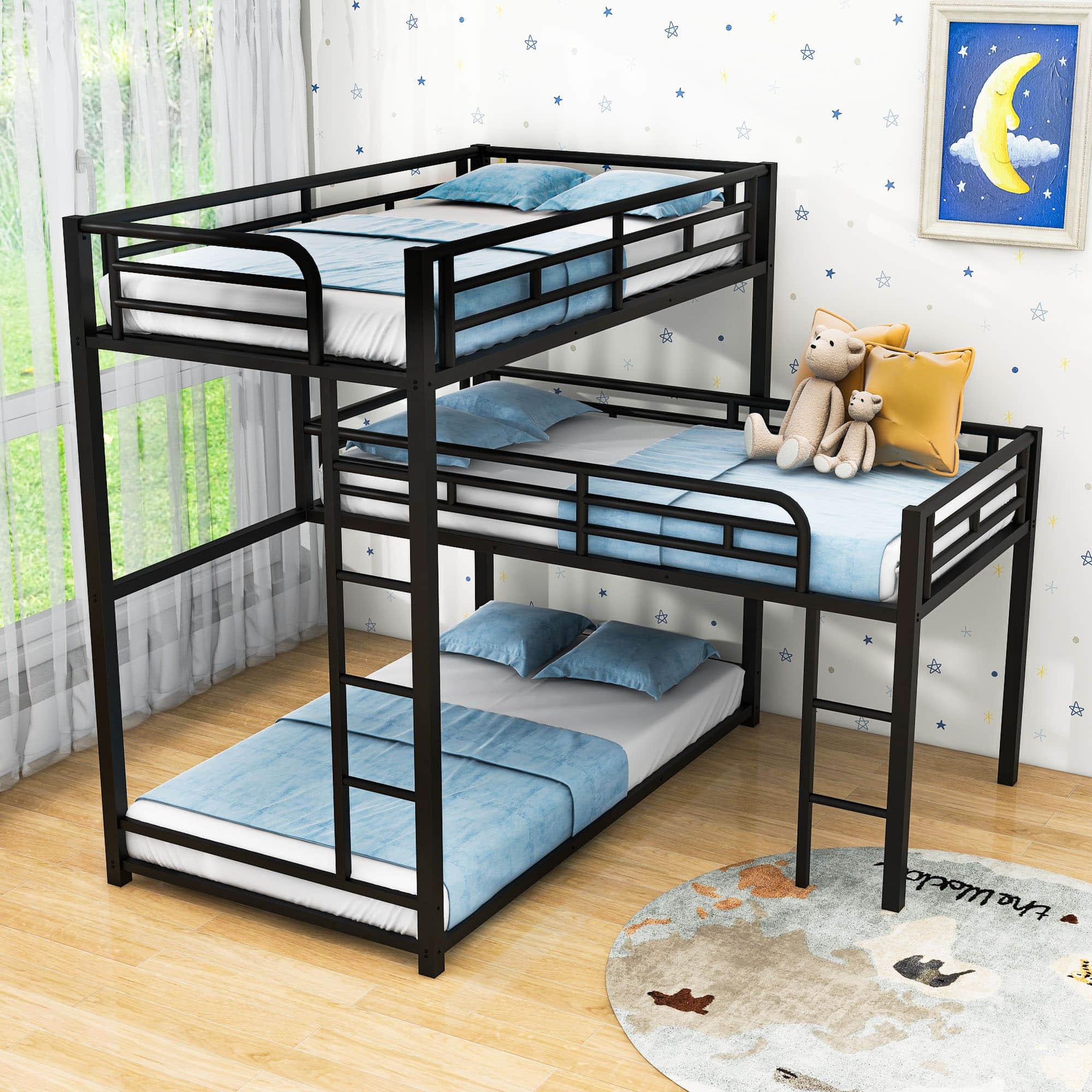 L-Shaped Low Twin Triple Bunk Beds for Kids, Toddler- [Metal, Floor]