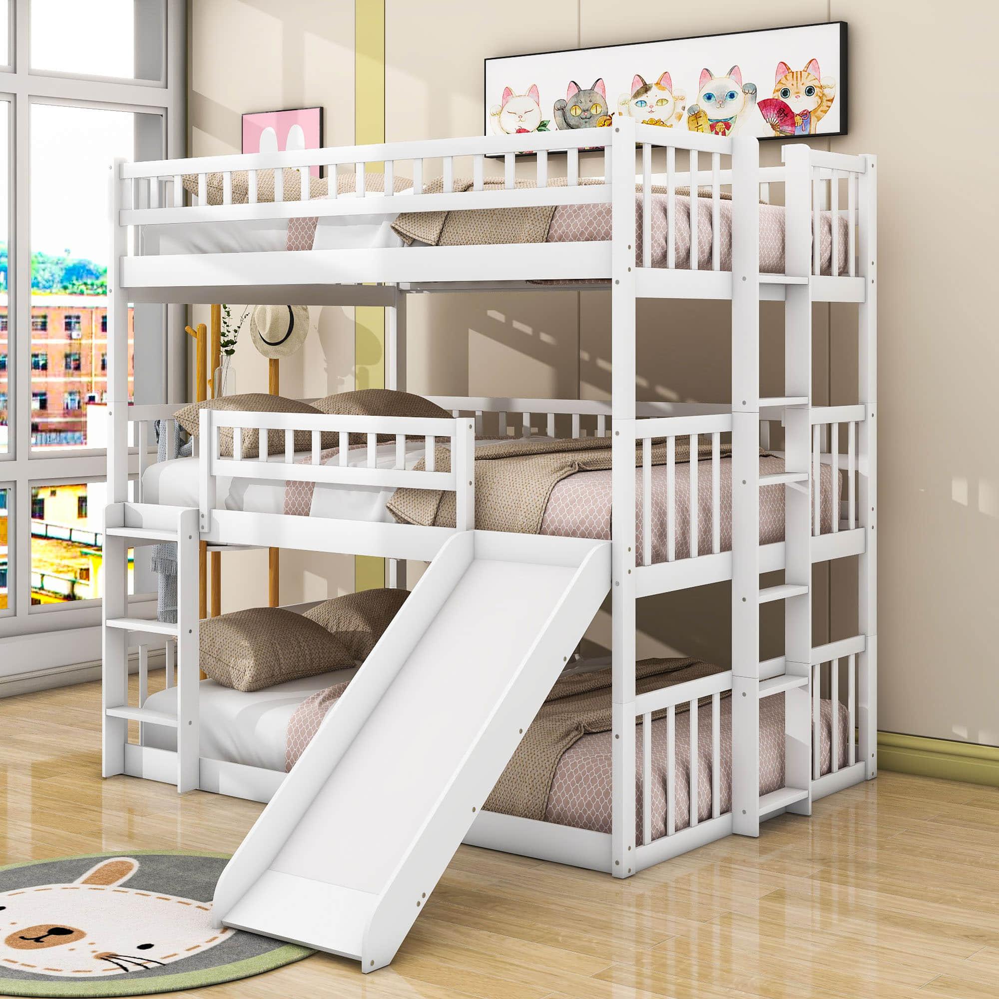 Low Triple Full Size Bunk Beds with Slide for Kids Toddler - [Wooden, Floor]