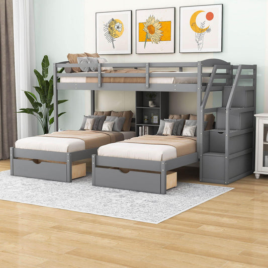 Twin Over Twin & Twin Triple Bunk Beds with Stairs and Storage - [Drawers, Shelves]