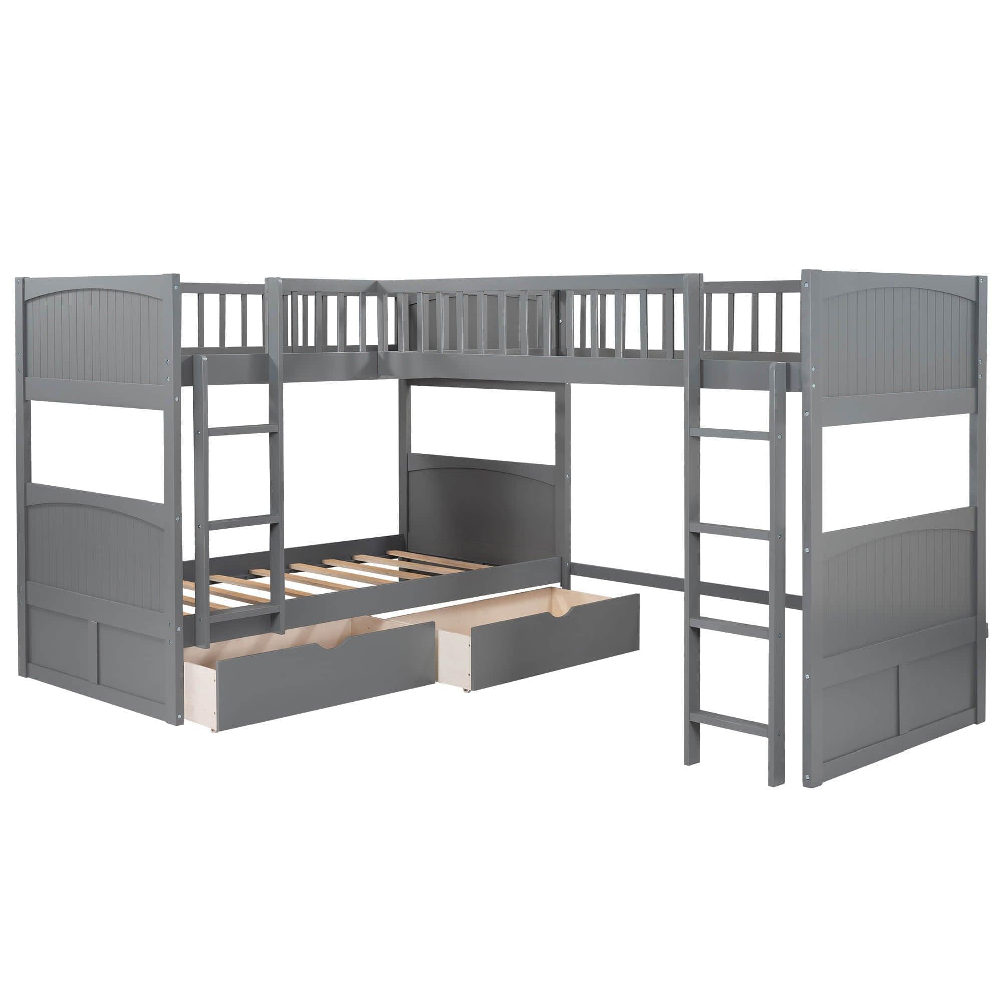 Twin Over Twin Corner Loft Triple Bunk Beds with Storage - [Wood, Drawers, L-Shaped]