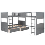 Twin Over Twin Corner Loft Triple Bunk Beds with Storage - [Wood, Drawers, L-Shaped]