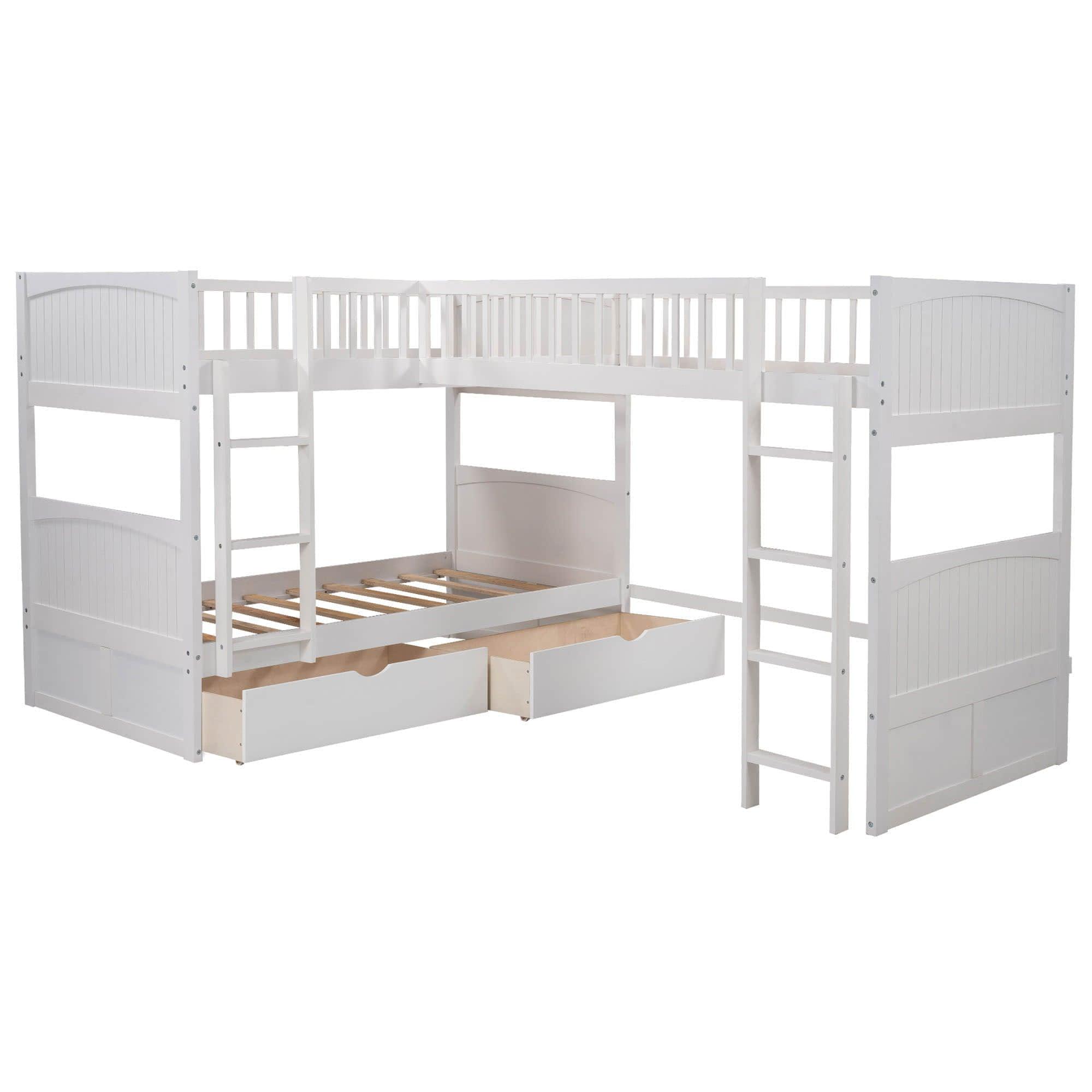 Twin Over Twin Corner Loft Triple Bunk Beds with Storage - [Wood, Drawers, L-Shaped]