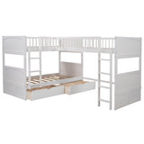 Twin Over Twin Corner Loft Triple Bunk Beds with Storage - [Wood, Drawers, L-Shaped]