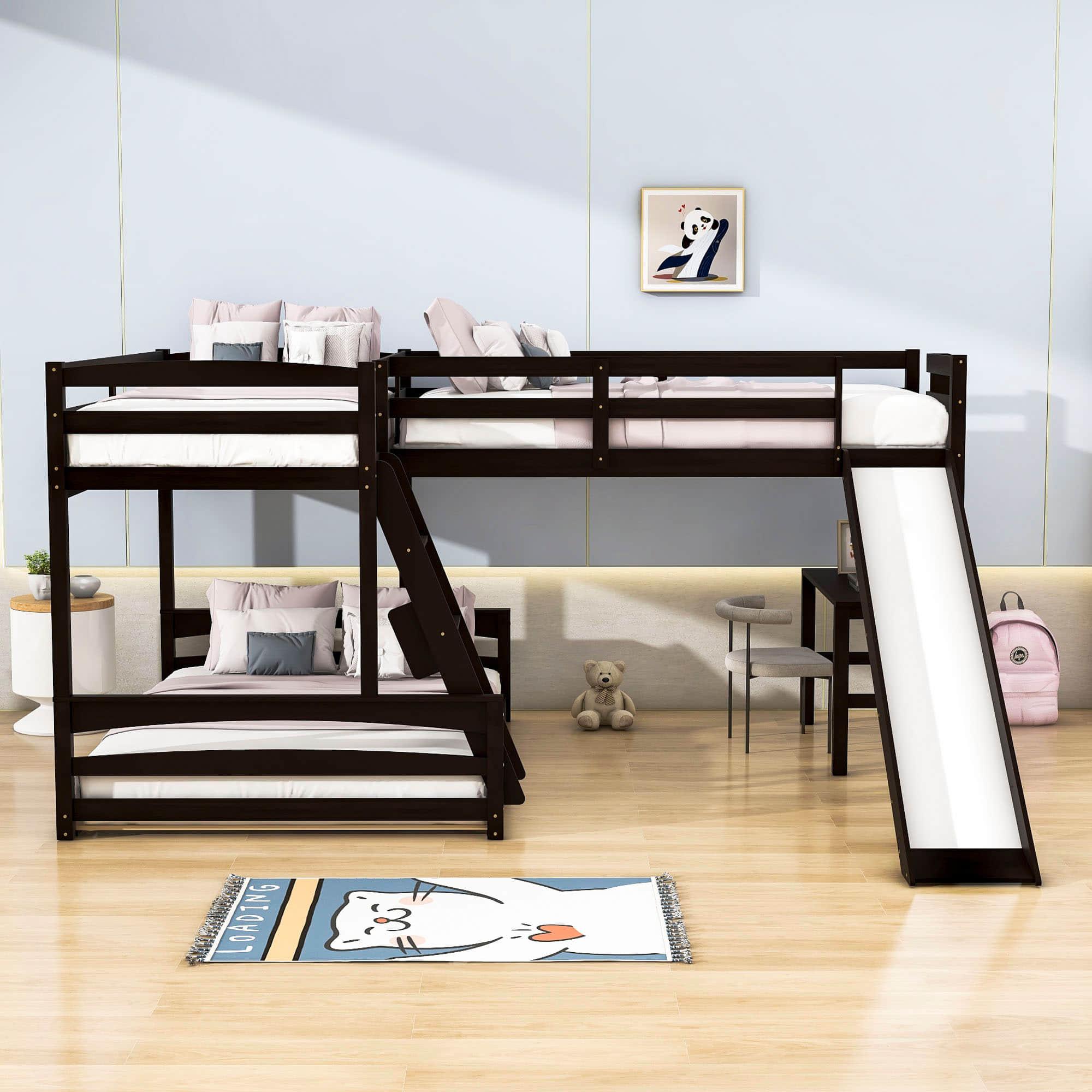 Wood Twin Over Full L-Shaped Low Bunk Bed with Twin Loft Bed with Desk and Slide