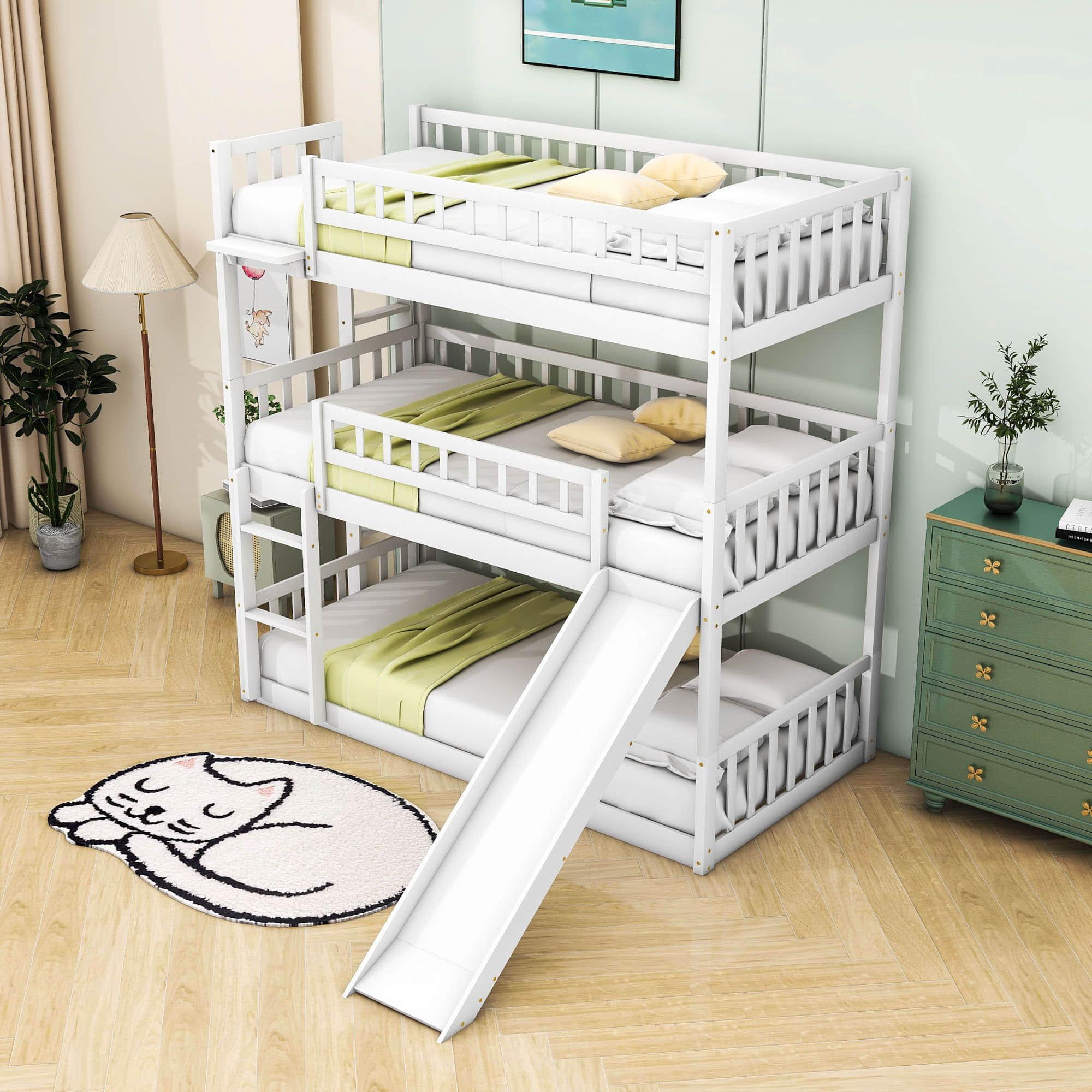 3 Level Low Twin Triple Bunk Beds with Slide for Kids, Toddler - [Wood, Convertible]