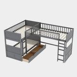 Twin Over Twin Corner Loft Triple Bunk Beds with Storage - [Wood, Drawers, L-Shaped]