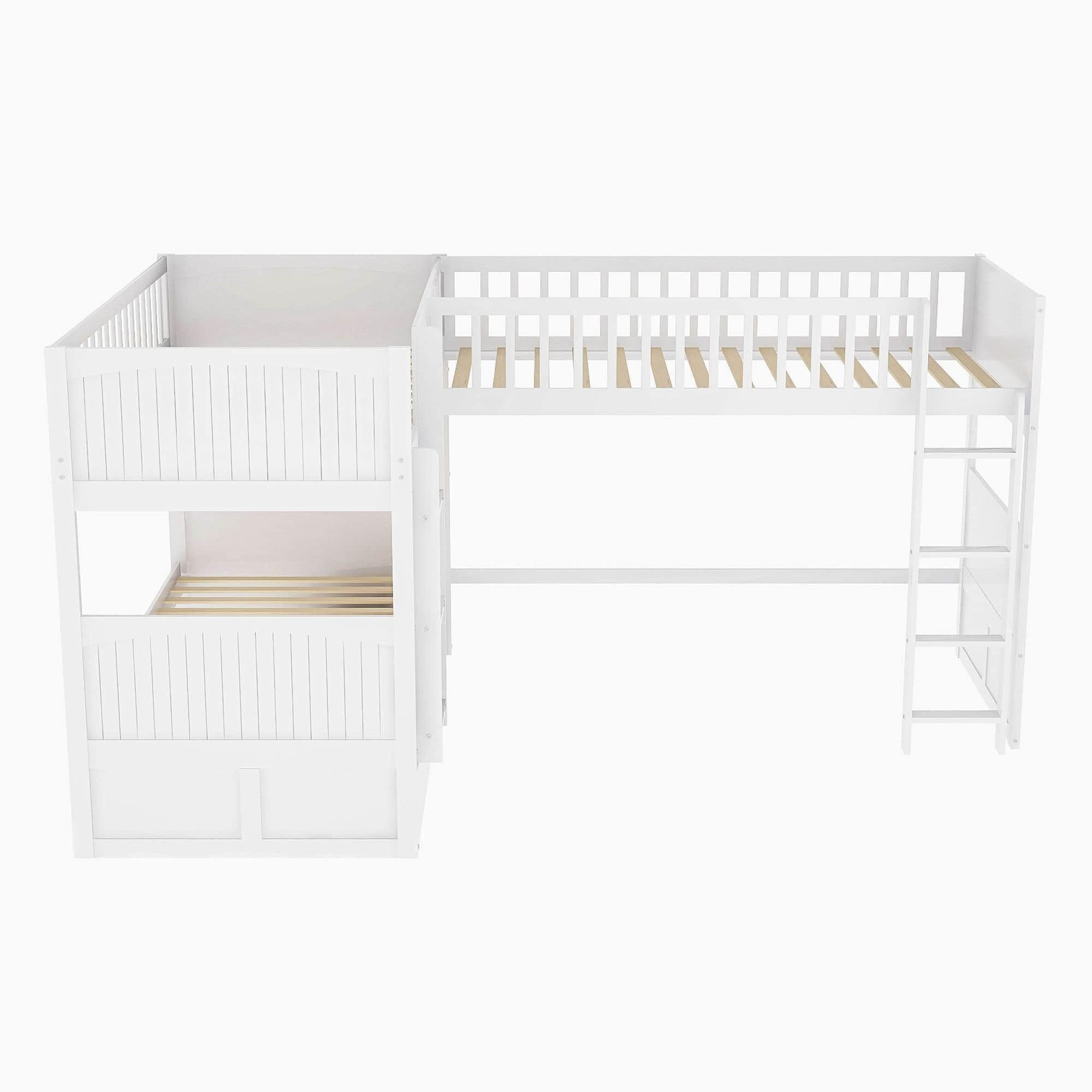 Twin Over Twin Corner Loft Triple Bunk Beds with Storage - [Wood, Drawers, L-Shaped]