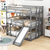 Low Triple Full Size Bunk Beds with Slide for Kids Toddler - [Wooden, Floor]